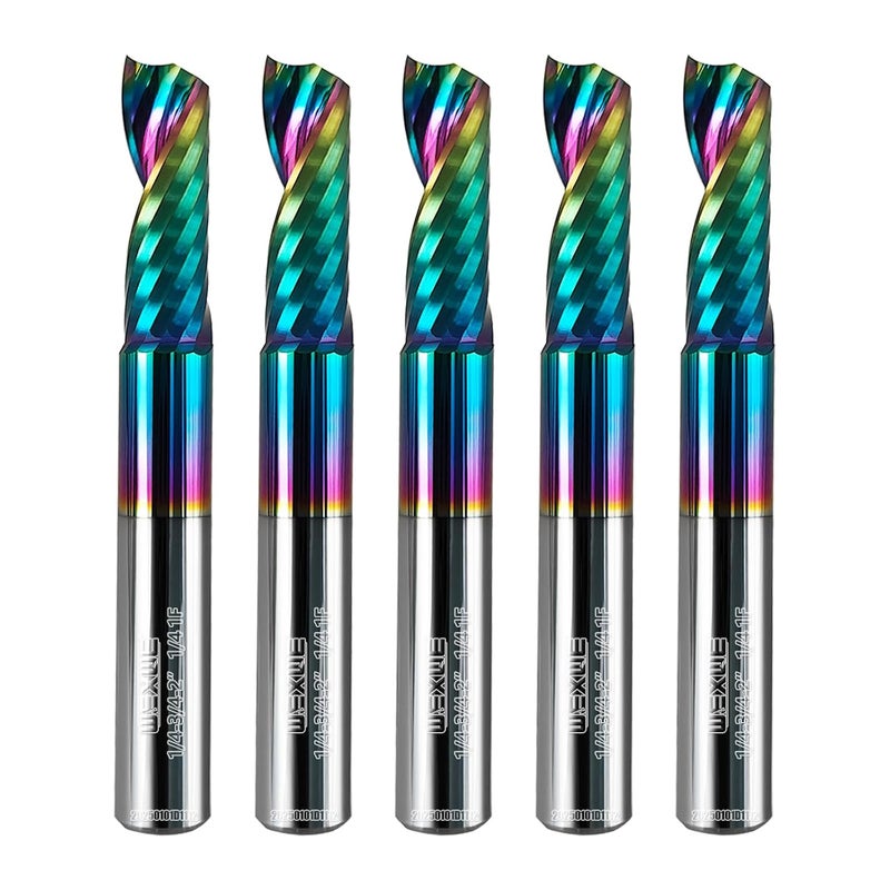 WEXWE Tools Solid Carbide CNC Spiral Single Flute End Mill - for Acrylic Plate Aluminum, Wood, Plastic, Brass, Copper Cutting - 1/4 Diameter 1/4" Shank 2" Length,1 Flute (1/4-2.0" 5PCS) - Image 1